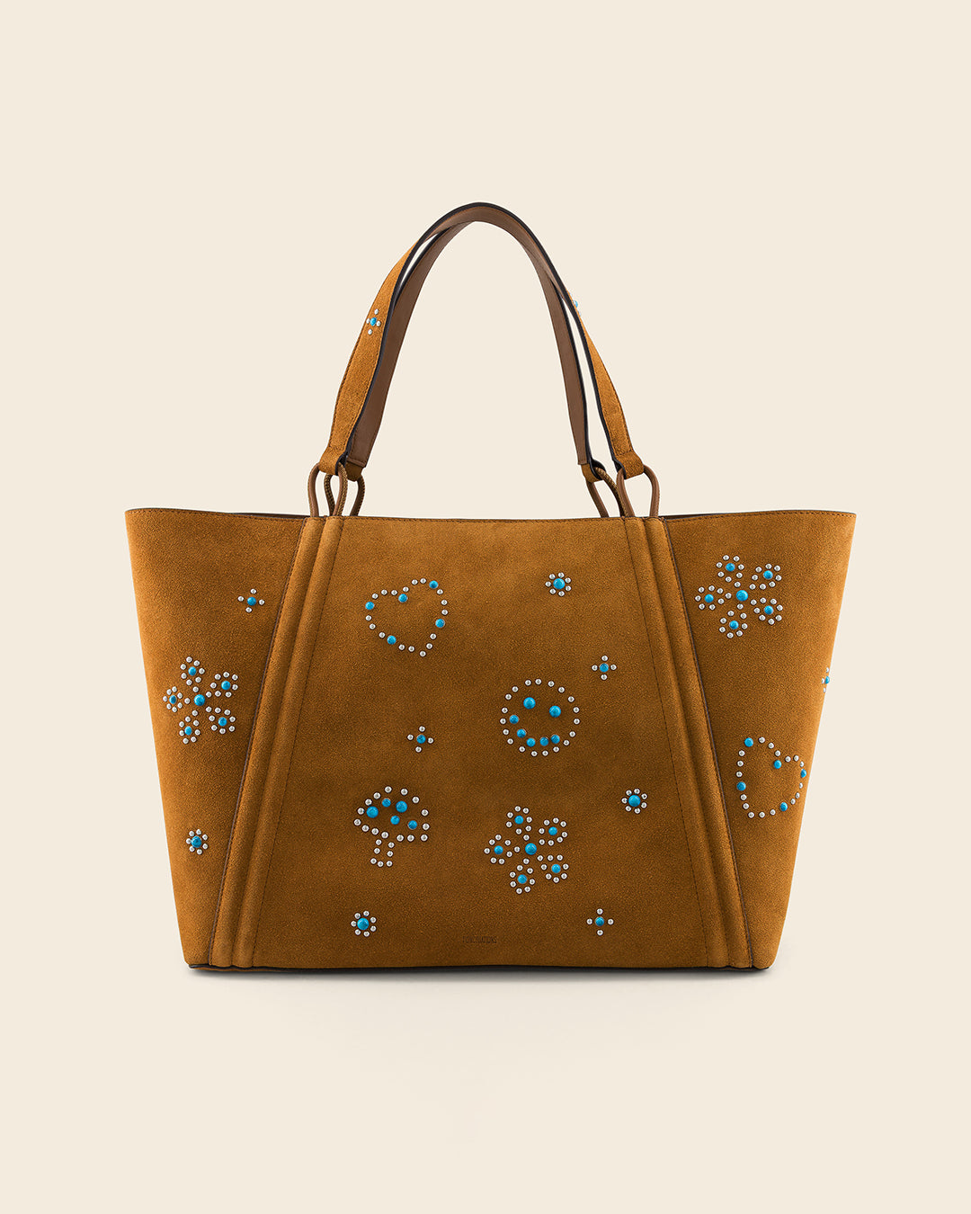 MAINE STUD - Sac Cabas en Suède Cognac avec Clous et Cabochons Turquoises Sacs Ponctuations