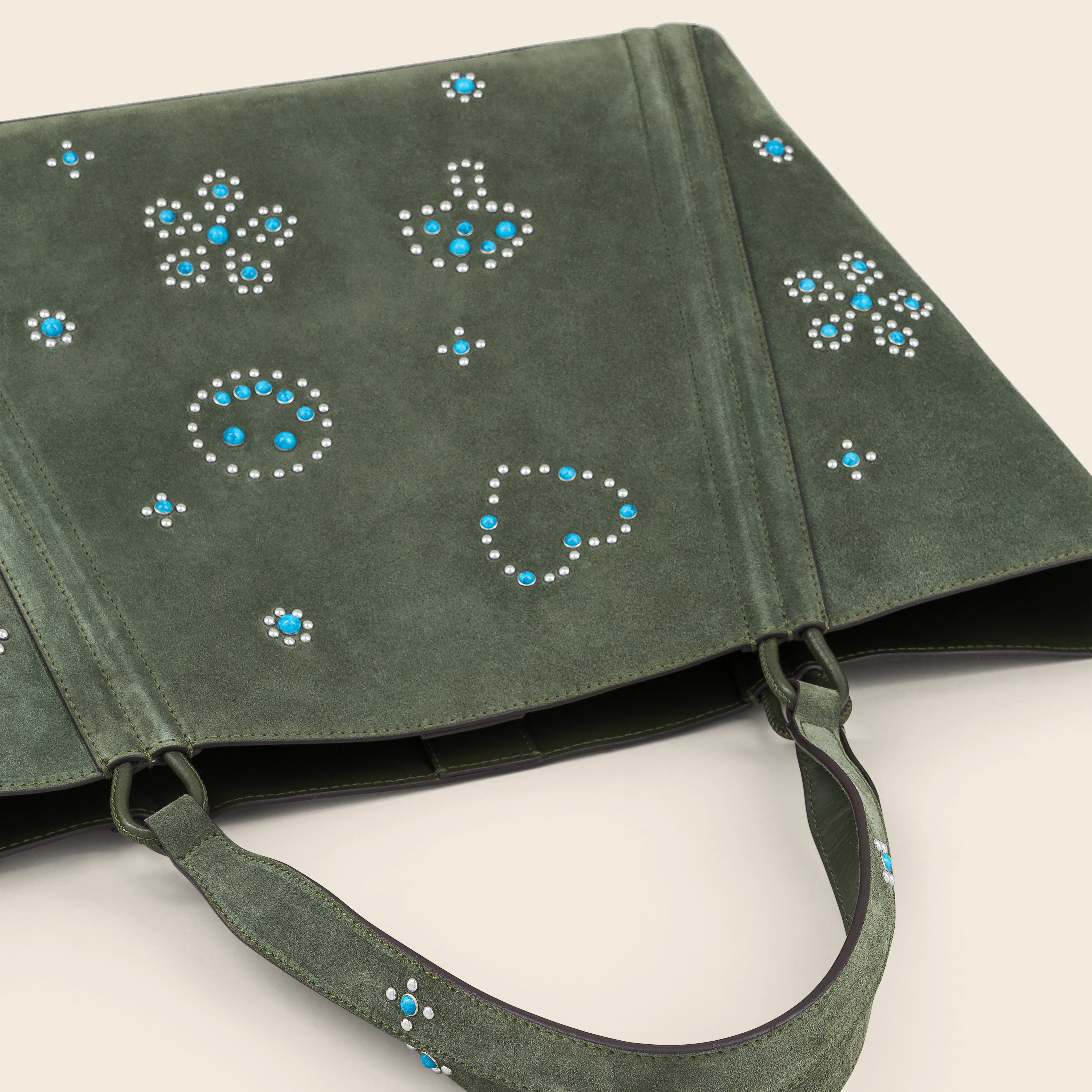 MAINE STUD - Sac Cabas en Suède Kaki avec Clous et Cabochons Turquoises Sacs Ponctuations