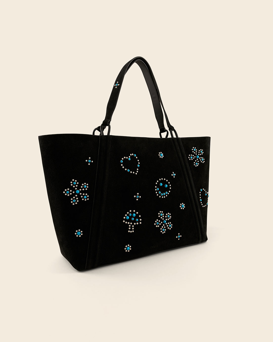 MAINE STUD - Sac Cabas en Suède Noir avec Clous et Cabochons Turquoises Sacs Ponctuations