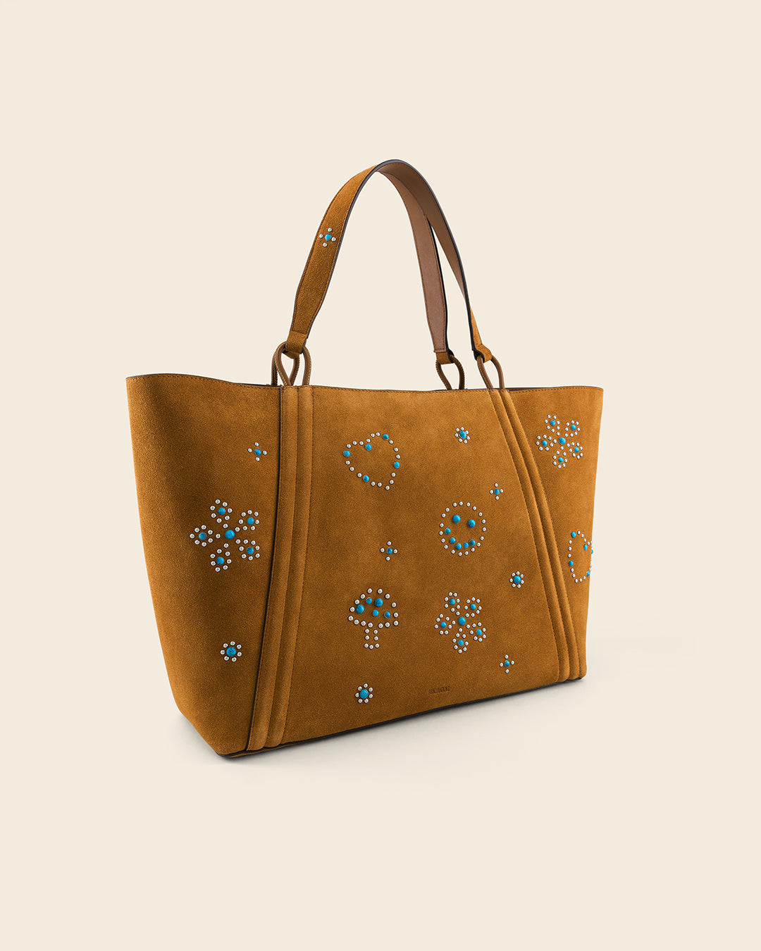 MAINE STUD - Sac Cabas en Suède Cognac avec Clous et Cabochons Turquoises Sacs Ponctuations