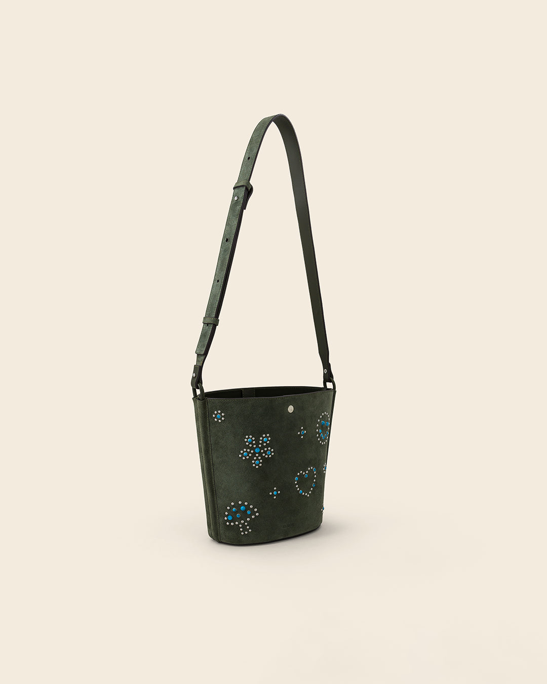 IOWA STUD - Sac seau en suede - Kaki avec Clous et Cabochons Turquoises Sacs PONCTUATIONS