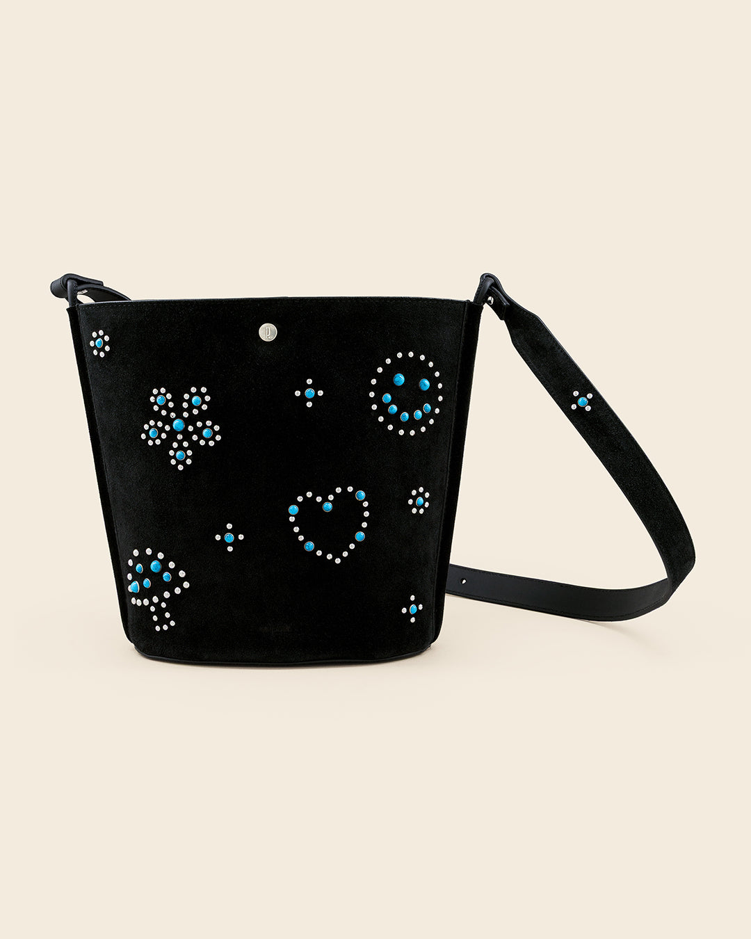 IOWA STUD - Sac seau en suede - Noir avec Clous et Cabochons Turquoises Sacs PONCTUATIONS