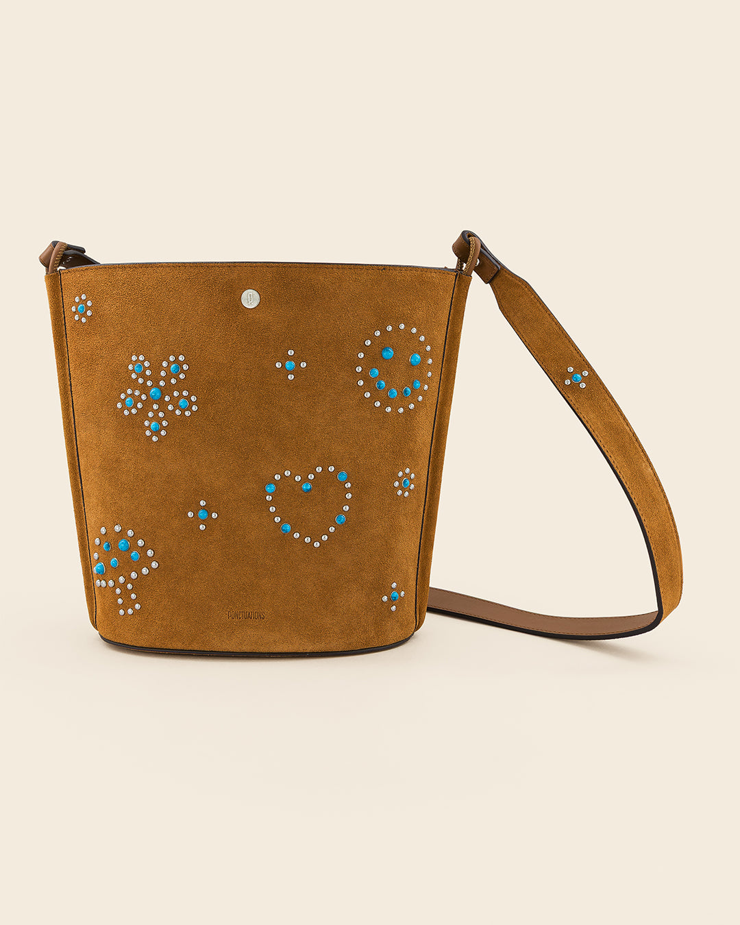 IOWA STUD - Sac seau en suede - Cognac avec Clous et Cabochons Turquoises Sacs PONCTUATIONS