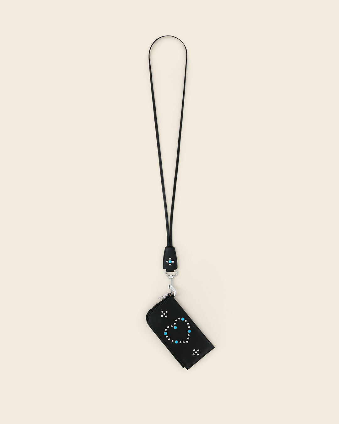 DAKOTA HEART + COOK STUD-Porte cartes zippé en cuir sur mousqueton- Noir avec Clous et Cabochons Turquoises Porte-cartes Ponctuations