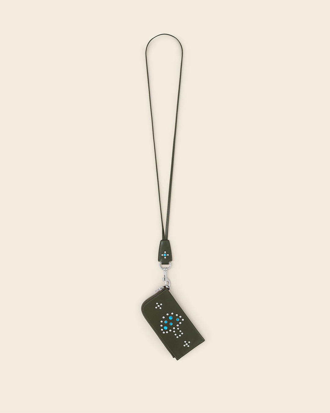 DAKOTA SHROOM + COOK STUD-Porte cartes zippé en cuir sur mousqueton- KAKI avec Clous et Cabochons Turquoises Porte-cartes Ponctuations