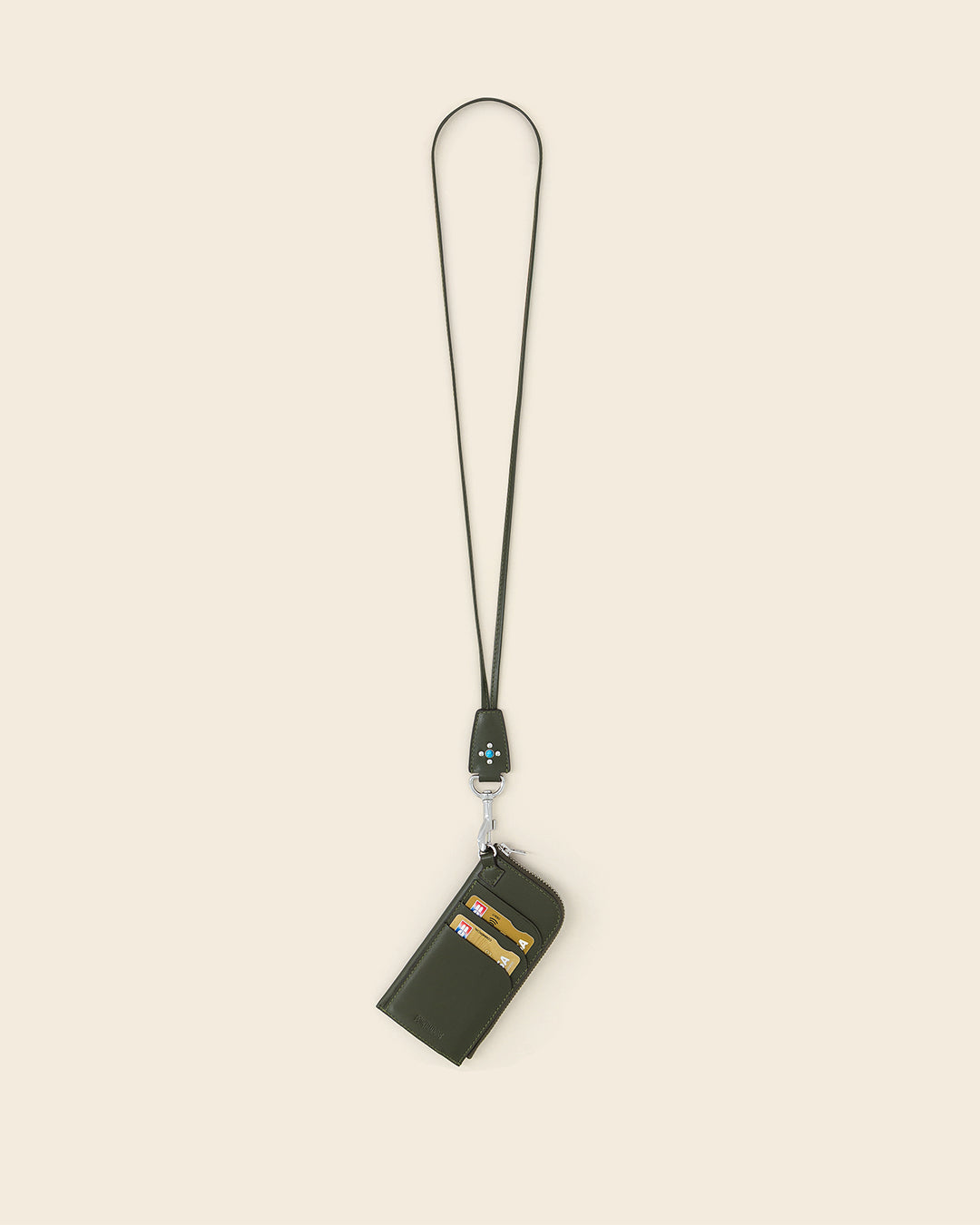 DAKOTA SHROOM + COOK STUD-Porte cartes zippé en cuir sur mousqueton- KAKI avec Clous et Cabochons Turquoises Porte-cartes Ponctuations