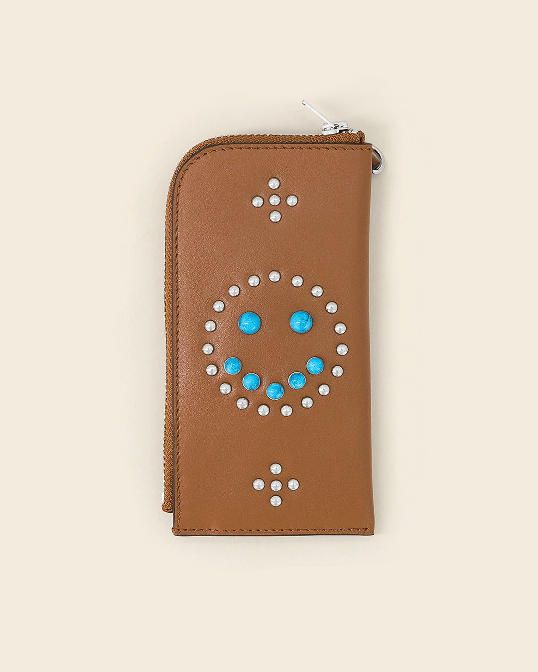 DAKOTA SMILE -Porte cartes zippé en cuir-Cognac avec Clous et Cabochons Turquoises Porte-cartes Ponctuations