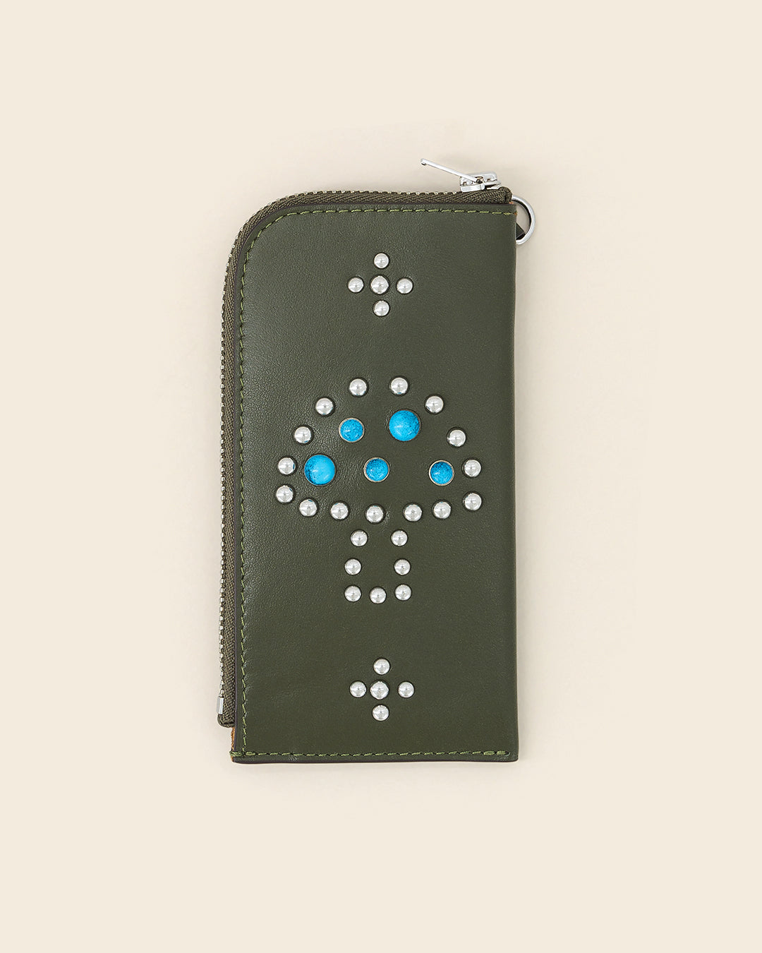 DAKOTA SHROOM -Porte cartes zippé en cuir-Kaki avec Clous et Cabochons Turquoises Porte-cartes PONCTUATIONS