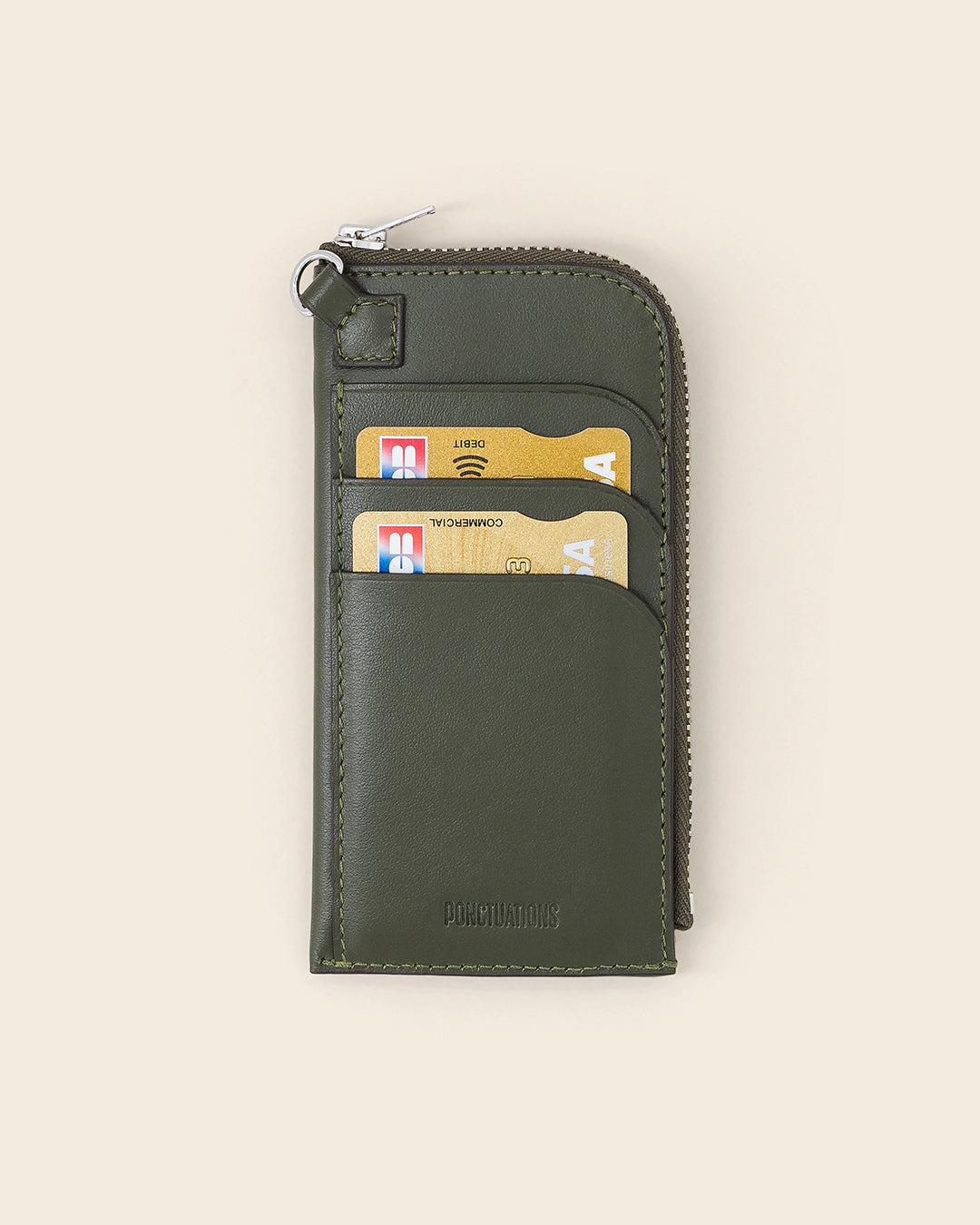 DAKOTA SHROOM -Porte cartes zippé en cuir-Kaki avec Clous et Cabochons Turquoises Porte-cartes PONCTUATIONS