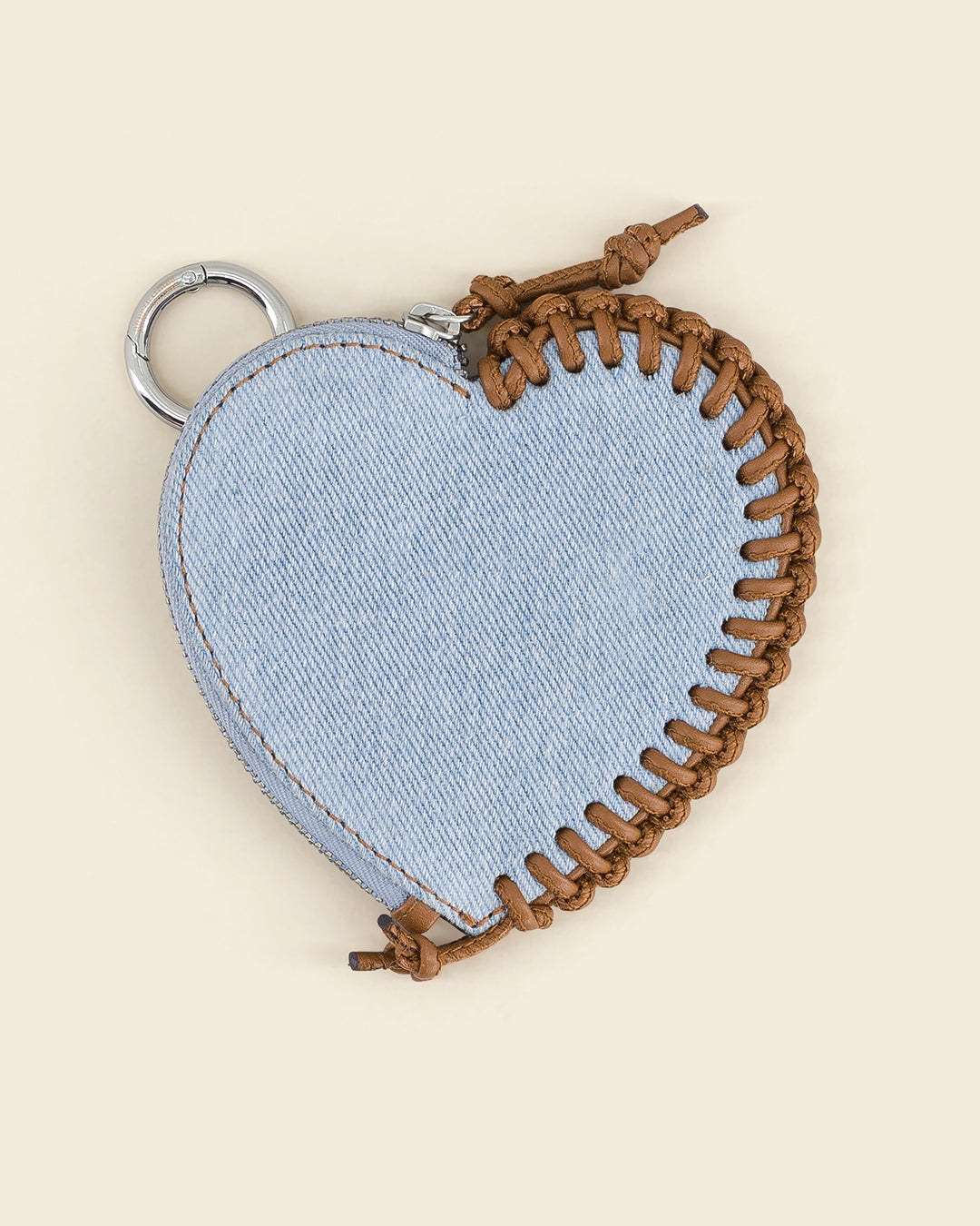 SHINZO - charm's / porte monnaies - en denim BLEU PÂLE et cuir de veau AMBRE Ponctuations