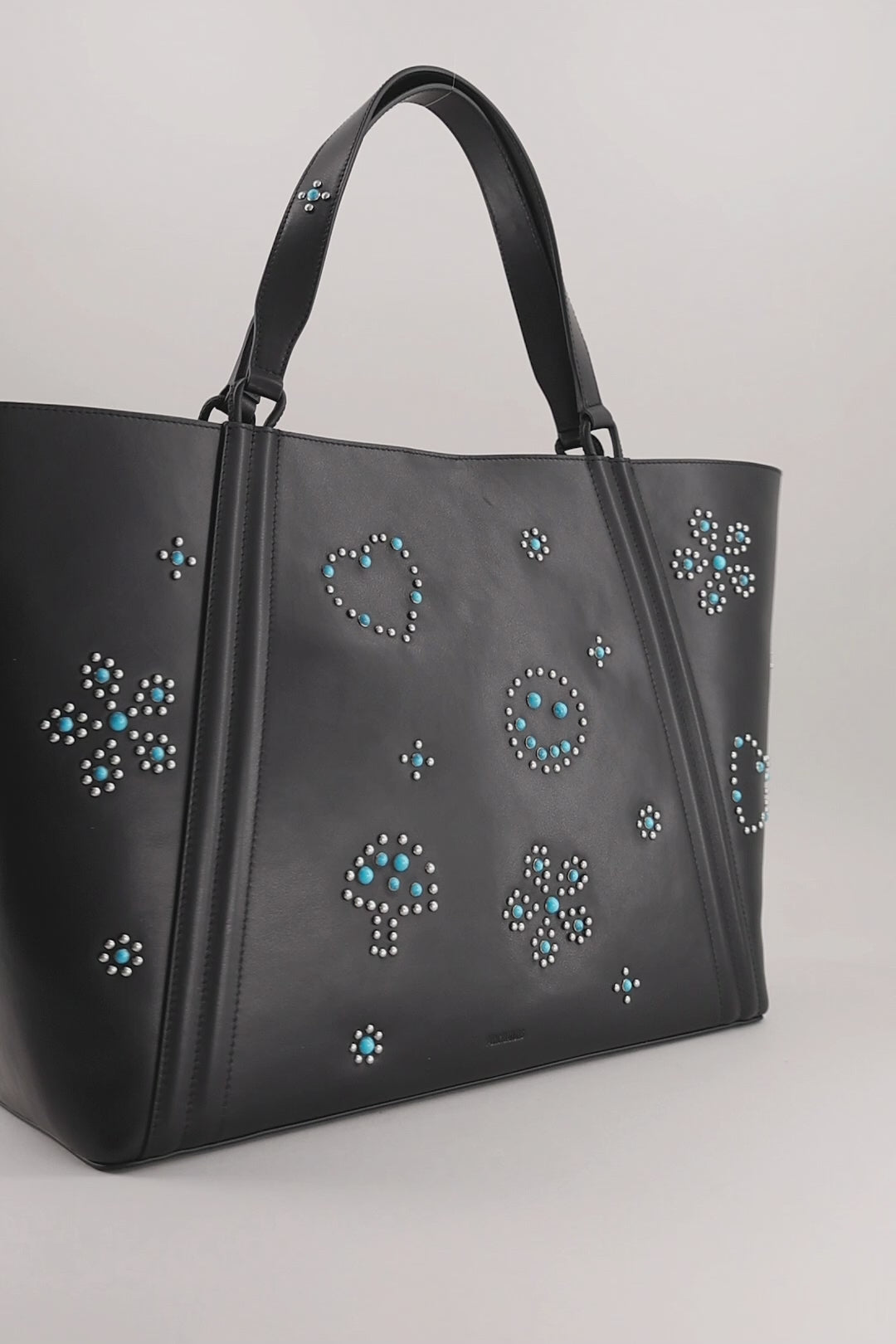 MAINE STUD - Sac Cabas en Veau lisse NOIR avec Clous et Cabochons Turquoises Sacs Ponctuations