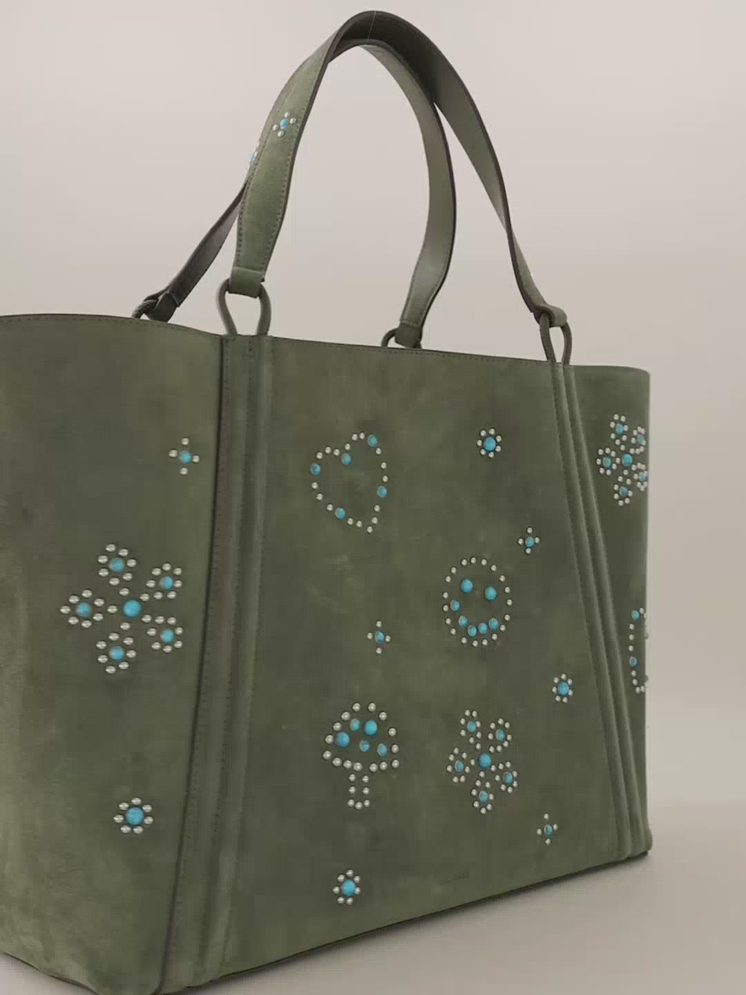MAINE STUD - Sac Cabas en Suède Kaki avec Clous et Cabochons Turquoises Sacs Ponctuations